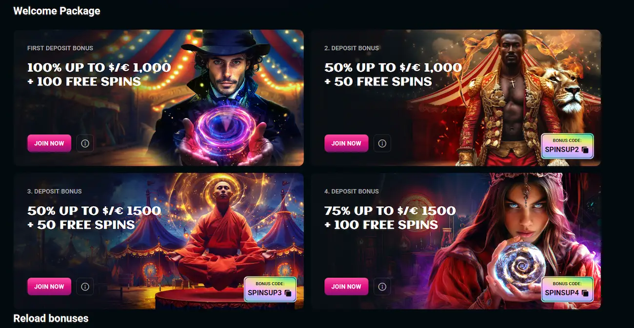 Spinsup Casino bonus page showing the four-deposit welcome package and promo codes