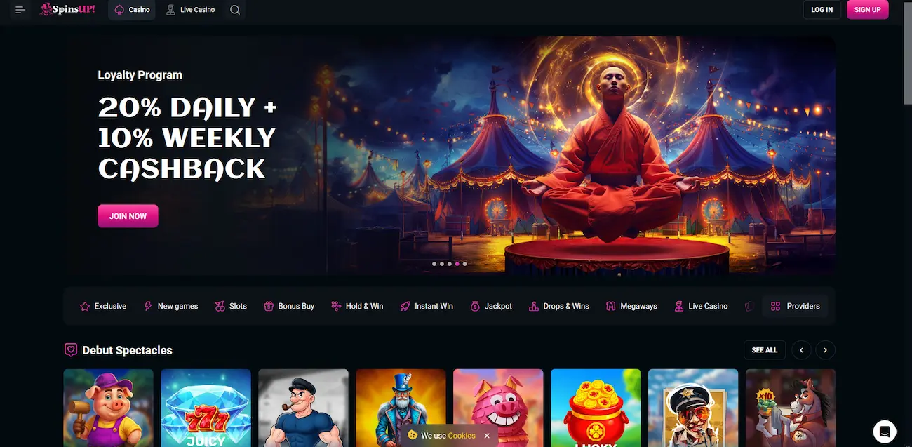 Spinsup Casino homepage showing the pokies lobby and welcome bonus banner