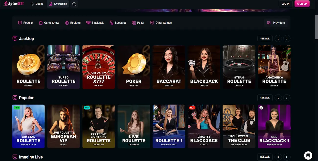 Spinsup live casino lobby streaming Evolution Gaming dealer tables