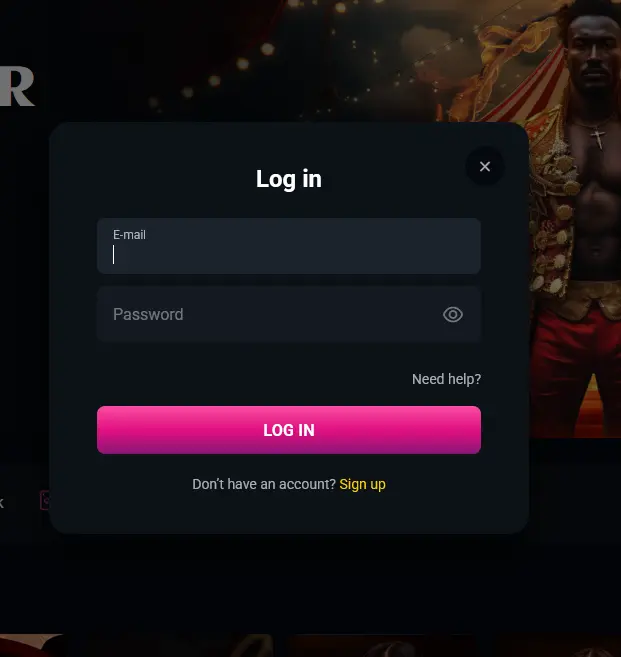 Spinsup Casino login screen for signing in with email and password