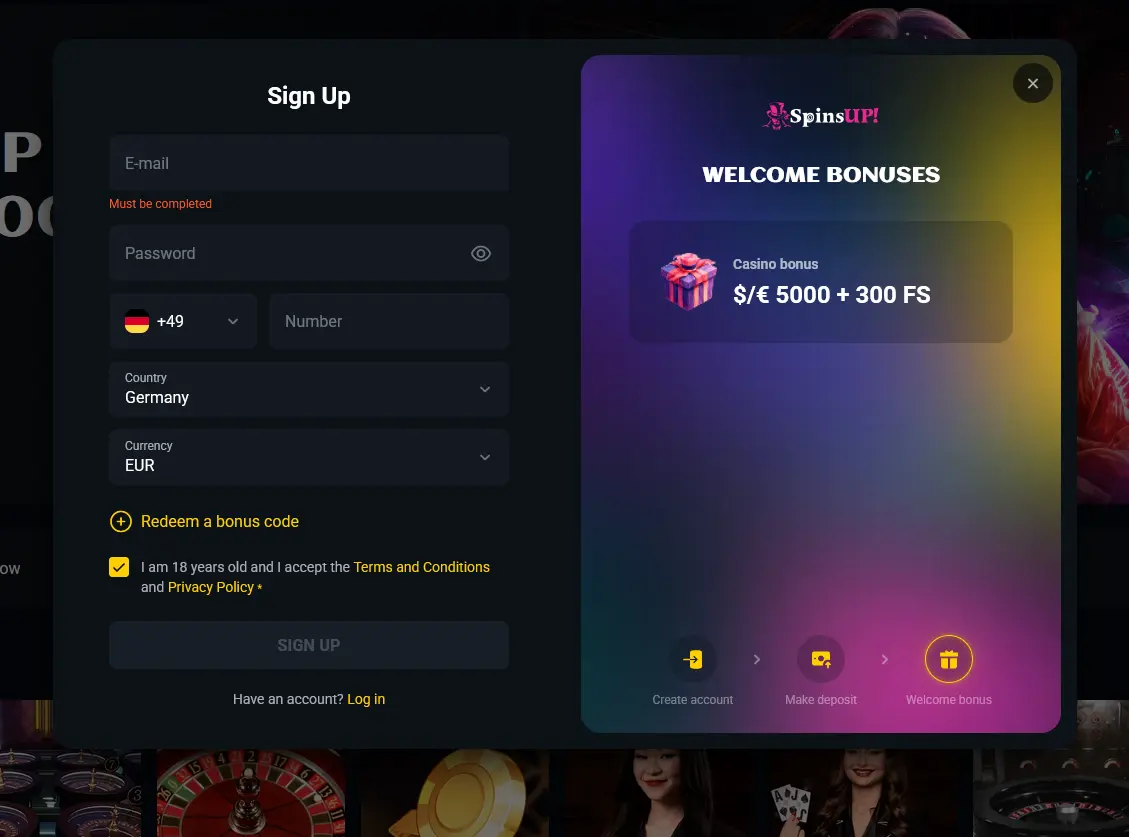Spinsup Casino registration form for creating a new AUD account