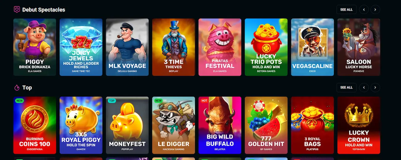 Spinsup Casino pokies lobby with Pragmatic Play and Play'n GO titles
